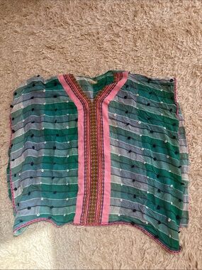 Pitysa Teal & Pink Embroidered Striped Kaftan cover up top